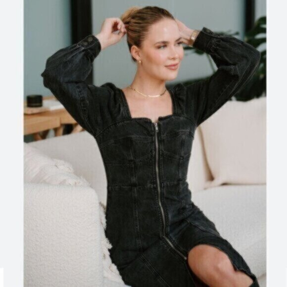 Future Collective Vintage Inspired Black Long Puff Sleeve Square Neck Midi Dress - Picture 1 of 14